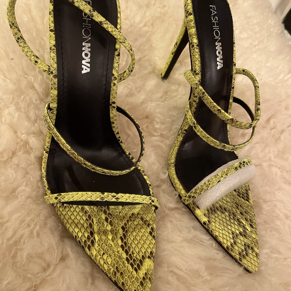 Fashion Nova neon snake skin heeled sandals